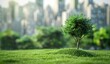 A tree in the middle of a grass field with a city on the back, nature, green, beautiful view, created with AI