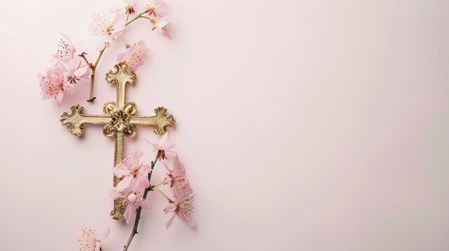 An elegant gold cross and delicate pink flowers create a minimalist composition against a clean white background.