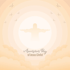 Sticker - vector design for greeting the ascension of Jesus the Messiah for Christians. with ornaments of sky, clouds, Jesus, cross