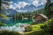 A tranquil mountain cabin nestled among pine trees, overlooking a crystal-clear lake and snow-capped peaks in the distance, Generative AI