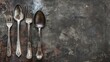 Vintage silverware set on rustic dark background