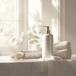Haircare, skincare, bath product in luxury bathroom setting with good interior design and soft light from window