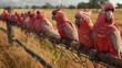 Image of hundreds of Galah Cockatoos perched on the fence right next to the field, australia agriculture landscape, nice weather, view from above, natural color. copy space for text.