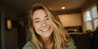 © VALUEINVESTOR - a beautiful young woman with long blonde hair smiles at the camera while taking a selfie in her home, generative AI