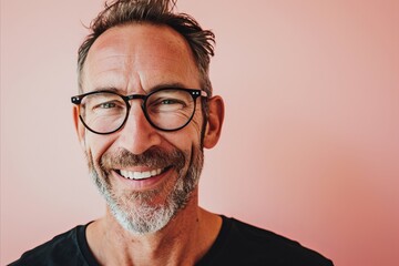 Wall Mural - Portrait of a handsome middle-aged man with a beard and glasses on a pink background