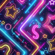 A colorful, neon background with a row of stars and a letter S