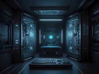 Wall Mural - Quantum computer, computer interior. dark, photorealistic wallpaper design. 