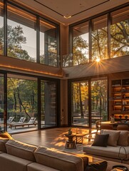 Wall Mural - Modern Living Room with Large Windows at Sunset