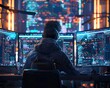 A programmer meticulously writing code for a smart contract on a computer screen They are surrounded by screens displaying blockchain technology Realistic style