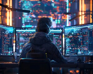 A programmer meticulously writing code for a smart contract on a computer screen They are surrounded by screens displaying blockchain technology Realistic style
