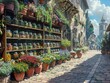 A vibrant market square bustles with activity as a herbalist sets up a colorful stall overflowing with healing herbs and remedies From a low angle, showcase the array of jars and plants