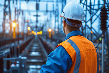 Wall Mural - Engineer standing at high voltage transmission power station.