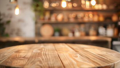 A wooden table with a blurry background and a few potted plants. The table is round and has a wooden surface