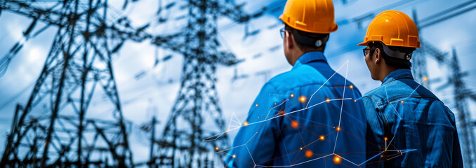 Wall Mural - Engineer standing at high voltage transmission power station.