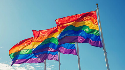 Wall Mural - Pride month and inclusivity, support of LGBTQ. LGBT rainbow flags being waved in the air at a pride event. Wave LGBTQ gay pride flags. Equality Parade. Pride rainbow LGBTQ  gay flag being waved 