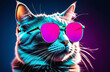 Hipster grey cat in neon glasses on dark background