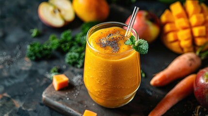 Canvas Print - Photo of a Smoothie Made with Mango Carrot and Apple in a Glass with a Glass Straw on a Dark Background