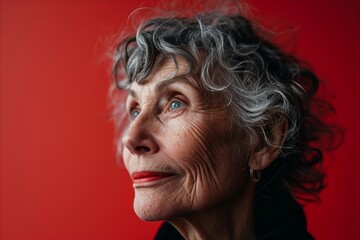 Wall Mural - Portrait of an elderly woman on a red background. Studio shot.