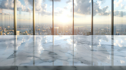 Wall Mural - Empty marble table with blur room office and window city view background. For montage product display