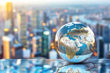Wall Mural - a globe is sitting on a table in front of a city skyline. the globe is made of glass and has a refle