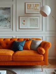 Canvas Print - Elegant Interior Design with Orange Velvet Sofa and Modern Art