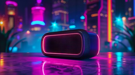 Futuristic portable speaker casting vibrant neon lights, perfect for nights filled with music and color