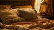 Close-up of a cozy bed, plush pillows and a soft blanket inviting night rest and relaxation