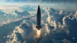 Fototapeta  - A missile soars through the clouds, a chilling display of nuclear and chemical weapon capabilities