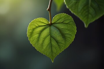 Green Leaf in the Shape of Heart Hanging on Branch, Love Nature Concept Generative AI