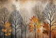 leaves in different shades of autumn, overlaid with a monochrome painting of a haunted forest.