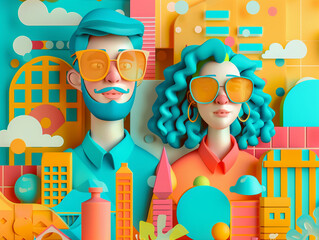 An enchanting illustration of an engineer man and an artist woman cartoon-style with soft sculpture aesthetics