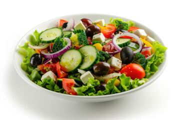 Wall Mural - Vibrant Fresh Greek Salad with Feta Cheese and Olives on a White Plate