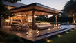 Luxury home exterior at sunset: Outdoor covered patio with kitchen barbecue dining table and seating area overlooking grass field and trees 