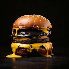 Wall Mural - Gourmet Cheeseburger with Melting Cheese and Beef Patty on a Dark Background