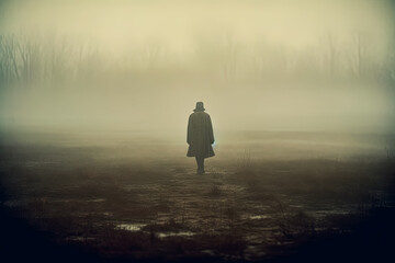 Wall Mural - A person is walking in the woods on a foggy day.