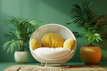Wall Mural - 3d rendering of a white wicker pod chair with light yellow cushions and tropical plants in green pots against a green background.