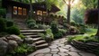 Luxury landscaped backyard garden with shed retaining wall and huge natural stone steps 
