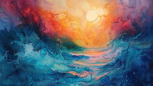 Abstract Background With Water Painting On Sun And Sea Theme AI Generative