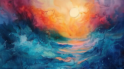 Poster - abstract background with water painting on sun and sea theme AI Generative