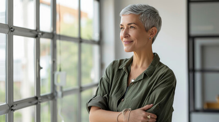 Wall Mural - Portrait of female employee in olive colored shirt smiling with crossed arms inside modern startup office entrance