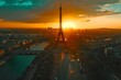 Sunset over iconic tower silhouette against cityscape. Majestic urban sunset. Vibrant skies in travel photography style. Artistic city skyline view. Generative AI