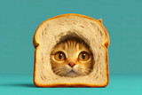 Fototapeta  - A ginger cat's face is poking out of a slice of bread.