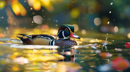 Wall Mural - Colorful Wood Duck Swimming in a Pond on a Sunny Spring Day