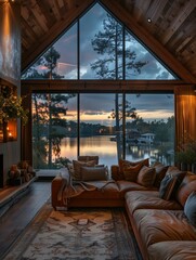 Wall Mural - Cozy Lakeside Cabin Interior at Sunset