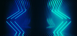 Fototapeta Do przedpokoju - Neon Sci Fi Glowing Arow Pointers Lines Fluorescent Retro Blue Lights On Striped Metal Futuristic Glossy Surface Empty Space Stage Cyber Club 3D Rendering