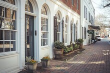 Brick Walkway Lined With Charming Storefronts. Quaint And Picturesque Urban Shopping District