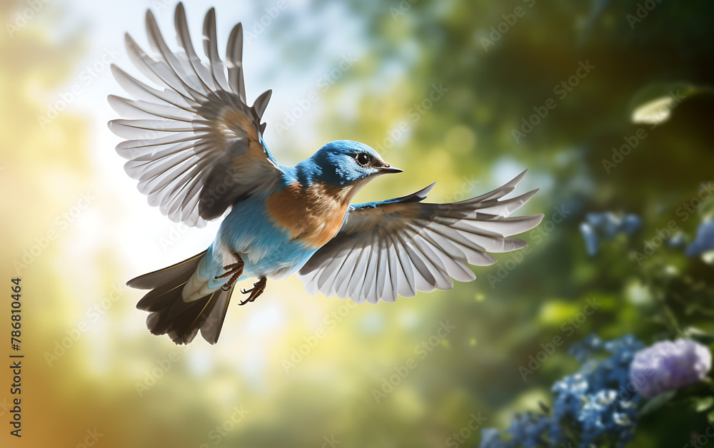 Male Eastern Bluebird flying in the autumn forest