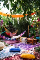 Wall Mural - A vibrant bohemian garden with colorful hammocks, patterned rugs, and vibrant outdoor cushions, Generative AI