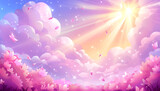 Fototapeta Do pokoju - Magenta clouds float over a field of pink flowers under the shining sun