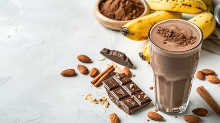 Poster - Glass with chocolate protein shake banana protein powder protein bar almonds and cinnamon on a white table